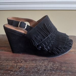 Lucky Brand Jeena Black Suede Fringe Wedge Sandals Size 9